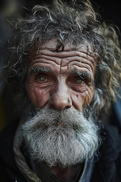 Foto retrato de un viejo mendigo con una larga barba y bigote