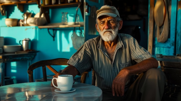 Retrato de un viejo pescador con una taza de café sentado en un bar junto al mar una impresión.