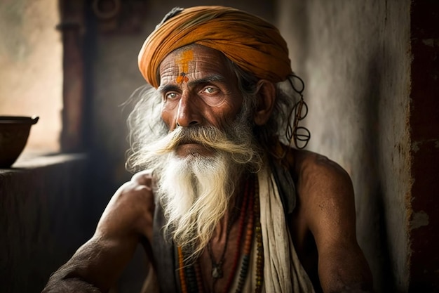 Retrato de un viejo sadhu sentado Generativo ai