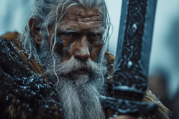 Retrato de un viejo vikingo feroz con una espada primer plano extremo IA generativa