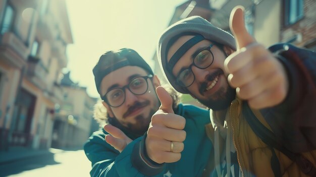 Foto retrato de vista frontal de dos amigos divertidos con los pulgares hacia arriba y mirando a la cámara en ia generativa