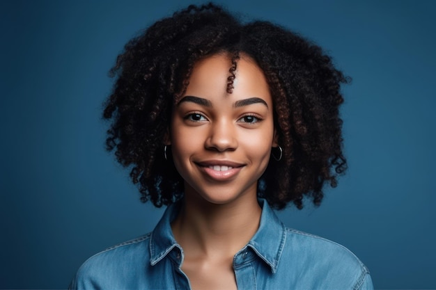 Retrato de vista frontal de una joven afroamericana con cabello rizado natural sonriendo felizmente a la cámara