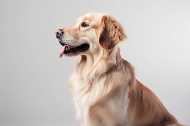 Retrato de vista lateral de un cachorro de perro sonriente sentado posando aislado sobre fondo blanco de estudio