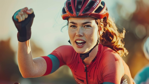 Foto retrato vitória ciclista esporte mulher bicicleta bicicleta capacete menina ciclismo sorriso feliz cauca