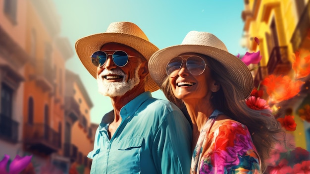 Retrato vívido de um casal idoso, um homem e uma mulher felizes viajando, viajantes idosos, velhice feliz, temporada turística, idosos emocionais, imagem gerada por IA.