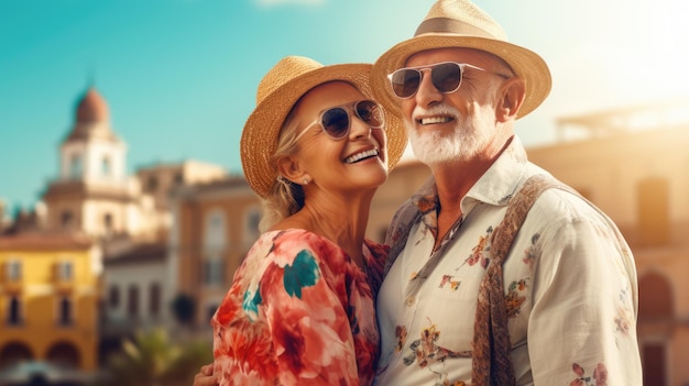 Retrato vívido de um casal idoso, um homem e uma mulher felizes viajando, viajantes idosos, velhice feliz, temporada turística, idosos emocionais, imagem gerada por IA.