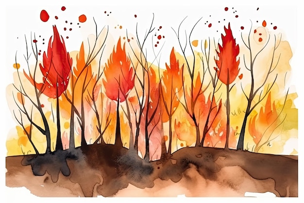 Retrato vívido em aquarela de um incêndio florestal catastrófico com árvores engolfadas em chamas laranja Generative AI