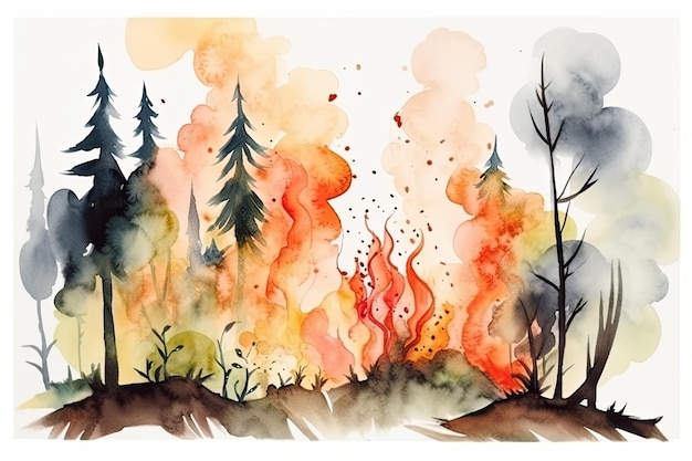 Retrato vívido em aquarela de um incêndio florestal catastrófico com árvores engolfadas em chamas laranja Generative AI