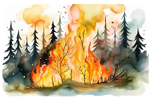 Retrato vívido em aquarela de um incêndio florestal catastrófico com árvores engolfadas em chamas laranja Generative AI