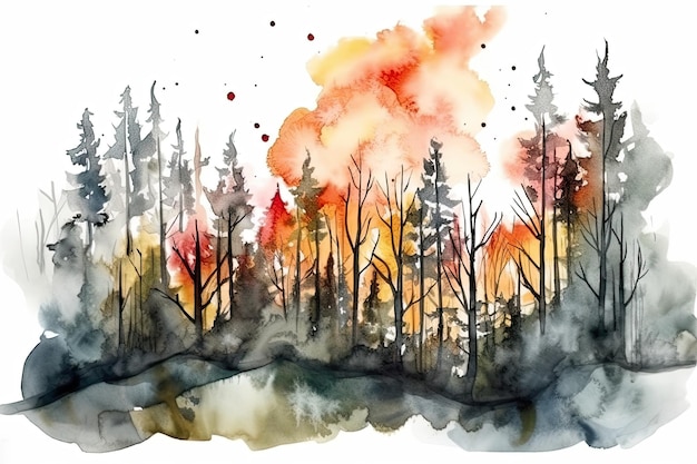 Retrato vívido em aquarela de um incêndio florestal catastrófico com árvores engolfadas em chamas laranja Generative AI