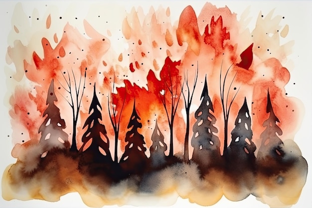 Retrato vívido em aquarela de um incêndio florestal catastrófico com árvores engolfadas em chamas laranja Generative AI