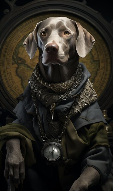 Foto retrato de weimaraner seguidor de piratas brújula camuflaje capa gris obse diseño de moda vestuario arte