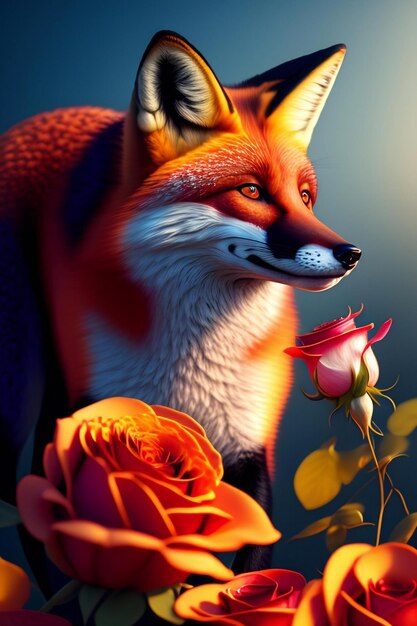 Retrato de un zorro rojo con rosas ilustración renderizada digitalmente en 3D