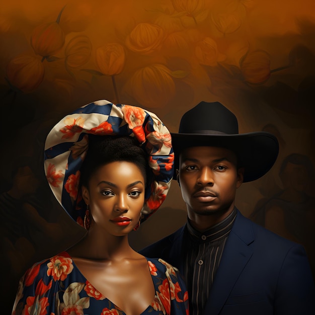 Retratos de motivos africanos Homem e mulher Mês da história negra Orgulho da cultura africana como uma celebração multicultural Espaço de cópia