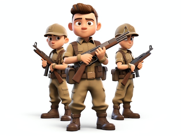Retratos de personagens 3D do jovem exército
