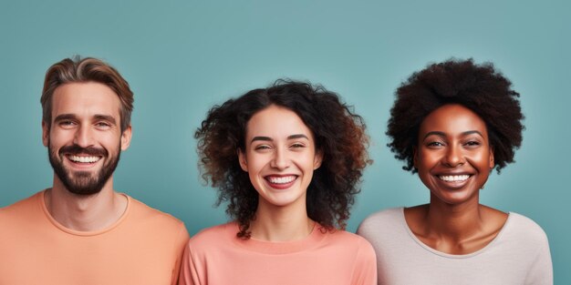 Retratos de pessoas multiétnicas felizes sorrindo e olhando para a câmera na cor de fundo