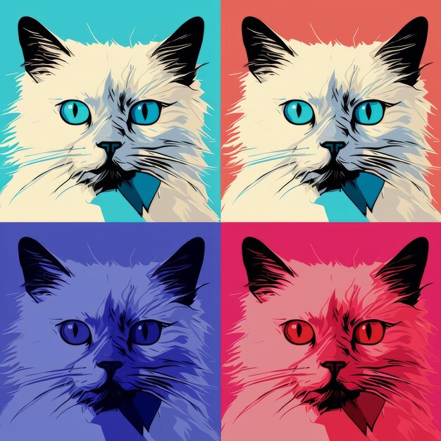 Retratos de Pop Art de Gato Branco em Cores Vibrantes com o Twist de Andy Warhol