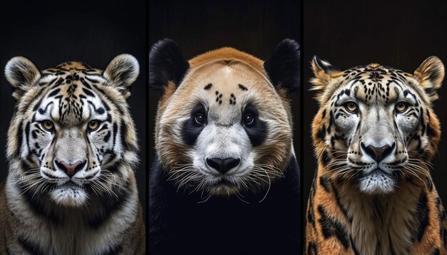 retratos em close-up de espécies ameaçadas de extinção, como pandas