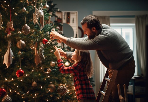 Foto retratos de miembros felices de la familia y decoraciones para niños árbol de navidad y adornos colgantes