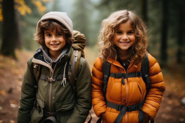 Retratos de niños Senderismo en el parque o bosque.