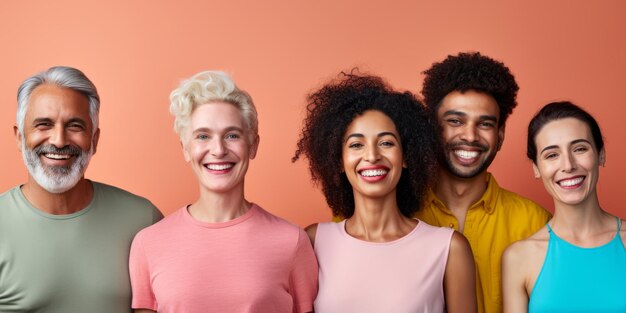 Retratos de personas multiétnicas felices sonriendo y mirando la cámara sobre fondo de color