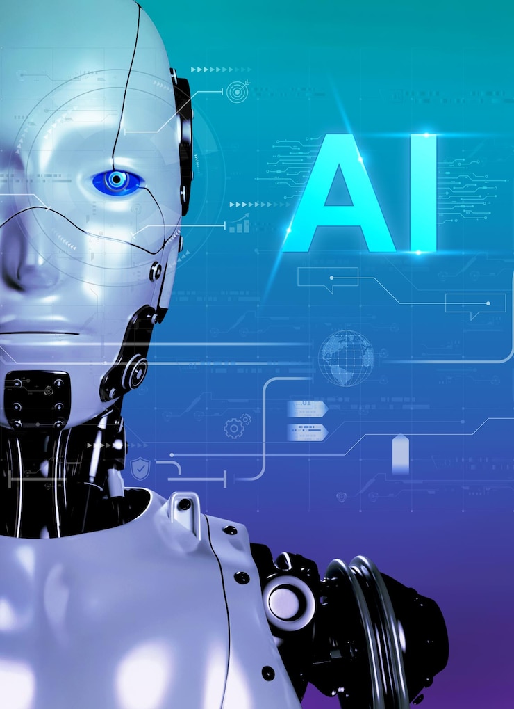 Foto retratos de robots humanoides de inteligencia artificial que miran la cámara envolvente con circuito de computadora ai e iconos de negocios sobre fondo azul concepto de tecnología inteligente del servicio de automatización de la información