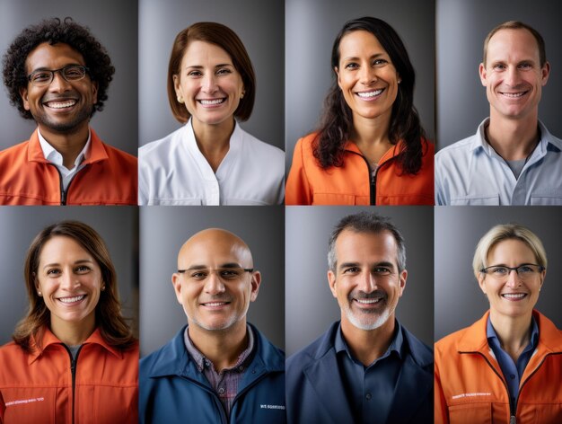 Retratos de trabajadores industriales felices sonriendo a la cámara