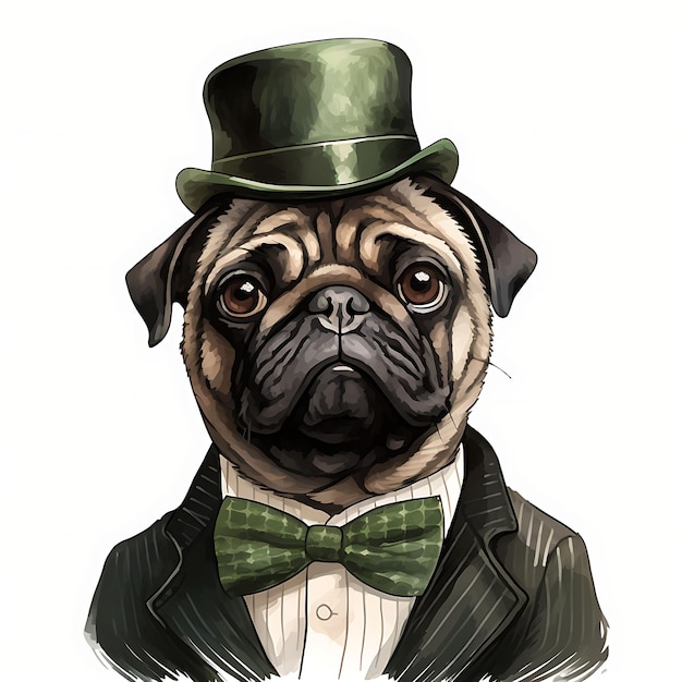 Retratos únicos de mascotas acuarela Clipart Celebra el día de San Patricio con adorables mascotas de traje verde