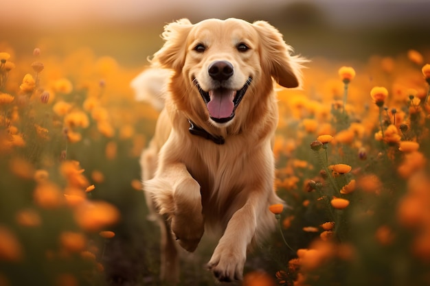 Retriever dourado bonito correndo em um campo de flores no verão Alegria feliz e brincalhão Generative AI