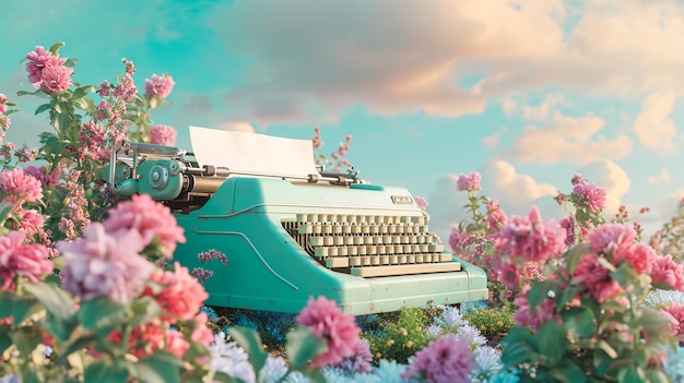 Foto retro 3d-schreibmaschine mit leerem papier mit wolken und blumen