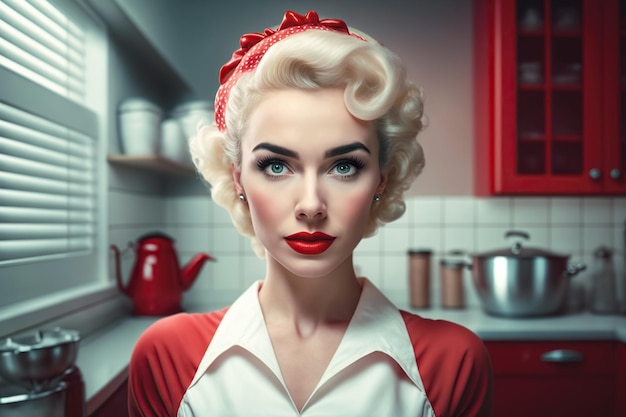 Retro 50s estilo retrato moda mujer rubia en la cocina