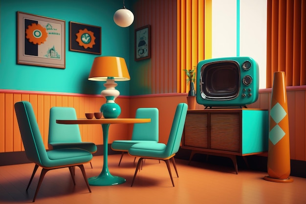 Retro-70er-Fernsehraum-Interieur mit Pop-Art-Farben. Alte Fernsehraum-Digitalillustration. Generative KI