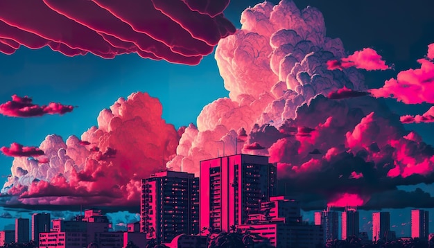 Retro 80er rosa Landschaft Himmel Wolken Kreative Illustration Ai generieren
