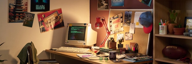 Retro-Arbeitsraum mit Vintage-Computer und Dekor