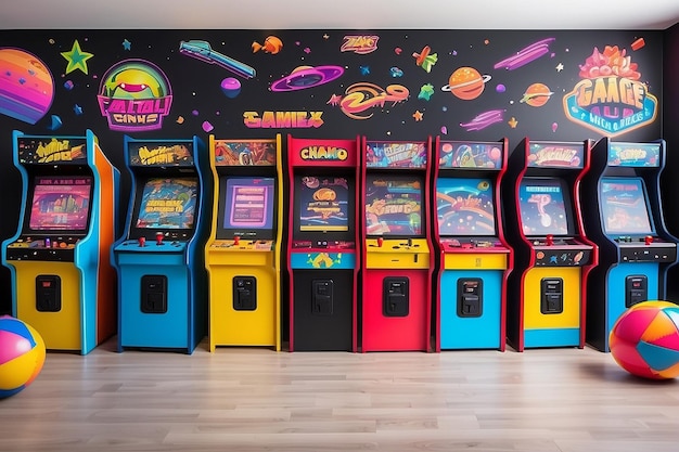 Retro Arcade Game Mural en un espacio de entretenimiento vibrante