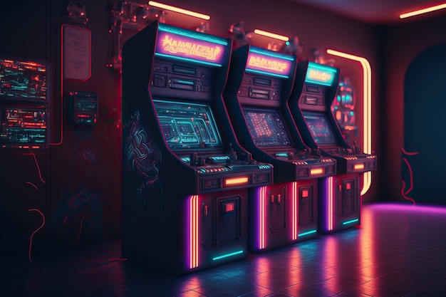 Retro-Arcade-Machin-Raum, eine Synth-Wave-Halle mit Arcade-Machin