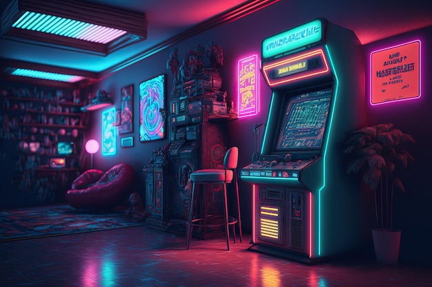 Retro-Arcade-Machin-Raum, eine Synth-Wave-Halle mit Arcade-Machin