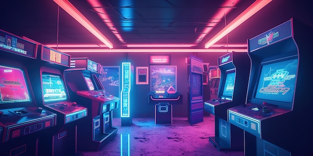 Retro Arcade Machine room um salão synthwave com Arcade Machin 80s vibes cyberpunk colorido futurista