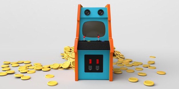 Retro-Arcade-Spielautomat mit Münzen rund um den Arcade-Raum Platz kopieren Gaming-Konzept 3D-Darstellung