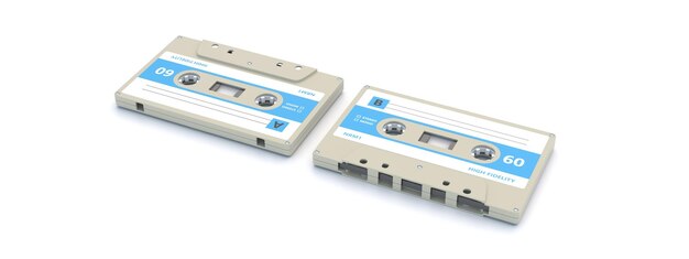Retro-Audiokassetten mit leeren Etiketten isoliert auf weißem Hintergrund 3D-Darstellung