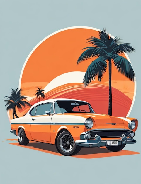 Retro-Auto mit Palmen und Sonne im Hintergrund