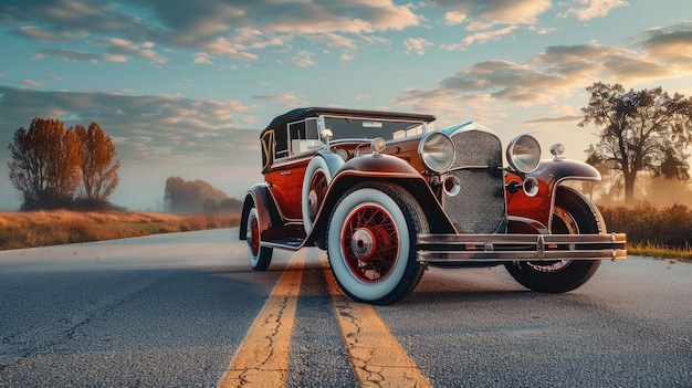 Retro-Auto mit roten und weißen Rädern auf einer Asphaltstraße