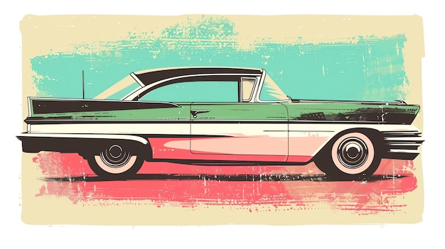 Retro-Autoillustration mit Vintage-Feeling Das Auto ist ein klassisches Modell aus den fünfziger Jahren mit einem rosa-grünen Farbschema