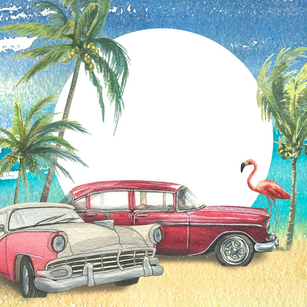 Retro-Autos mit Palmen und rosafarbenen Flamingos auf dem Hintergrund des Meeresstrandes und des Himmels Aquarell-Illustration EIN Rahmen aus einem großen Satz KUBA Für Registrierung und Registrierung