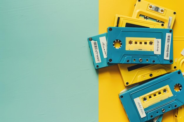 Foto retro-blaue kassetten mit liebeserinnerungen auf gelbem hintergrund
