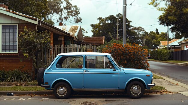 Foto retro blue hatchback em suburbia