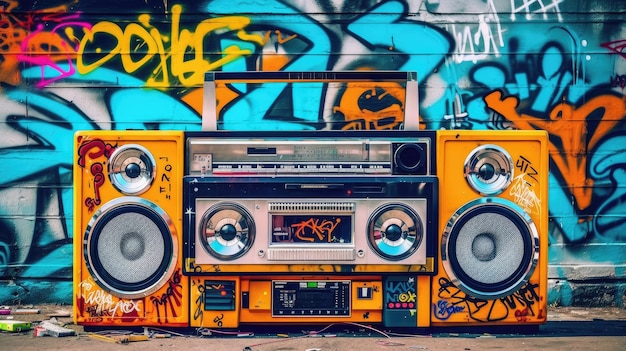 Retro-Boombox mit Kassetten und Graffiti-Kunst in _24xjpg