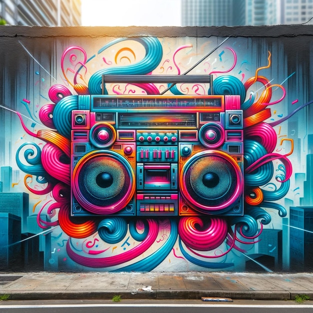 Retro Boombox Street Art Wandmalerei mit lebendigen Neonvibrationen