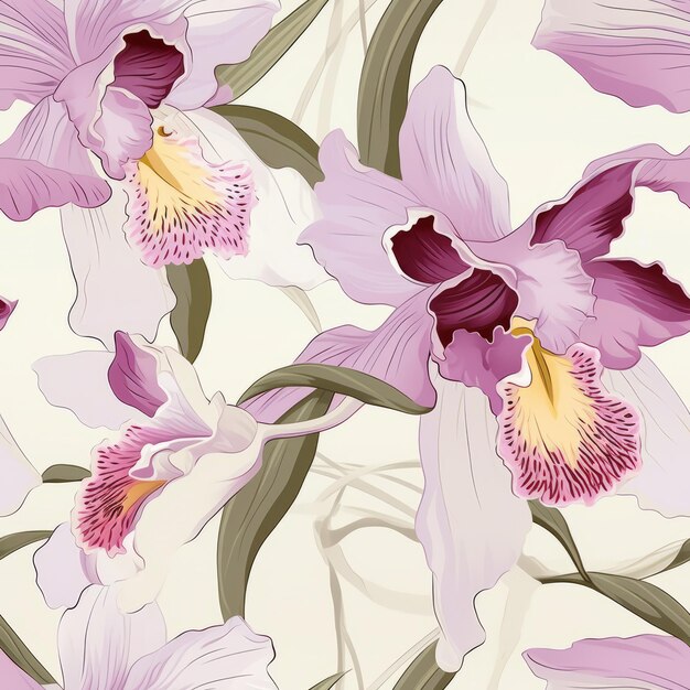 Retro Cattleya Orquídea patrón sin costuras con múltiples colores