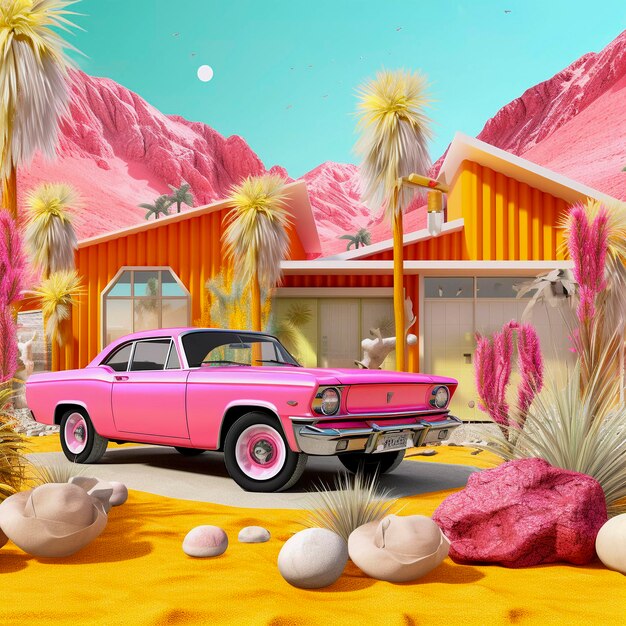 Retro-Collage Miami-Palmen und Illustration im Hausstil Generative AIxA